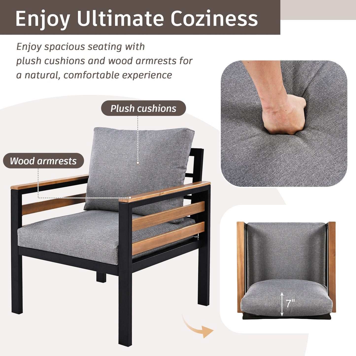 Ensemble de canapé d'extérieur 4 pièces pour 5 personnes avec coussin amovible et table basse en bois massif