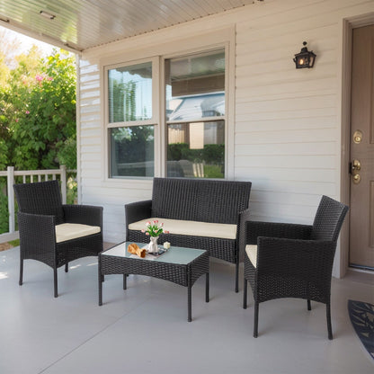 Ensemble de mobilier de jardin en résine tressée 4 pièces, canapé d'angle extérieur en rotin avec coussins