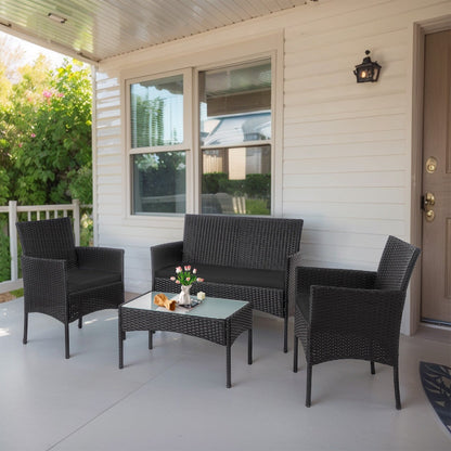 Ensemble de mobilier de jardin en résine tressée 4 pièces, canapé d'angle extérieur en rotin avec coussins