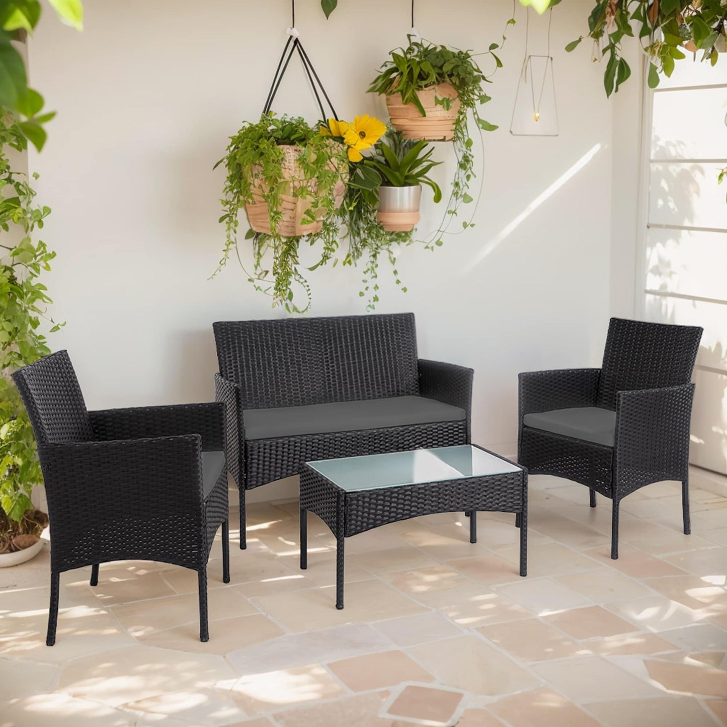 Ensemble de mobilier de jardin en résine tressée 4 pièces, canapé d'angle extérieur en rotin avec coussins