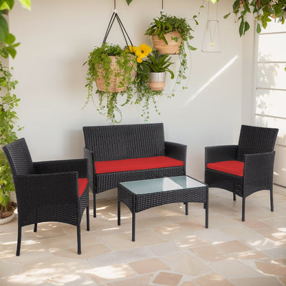Ensemble de mobilier de jardin en résine tressée 4 pièces, canapé d'angle extérieur en rotin avec coussins
