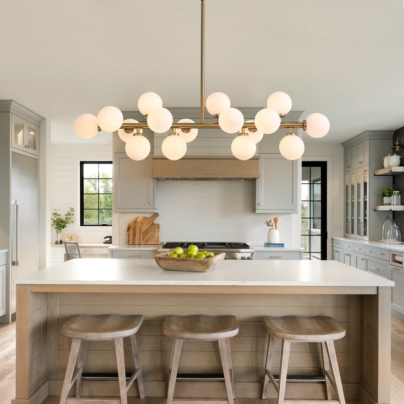 Lustre linéaire moderne du milieu du siècle de 101,6 cm (40 po), suspension Sputnik en laiton doré à 16 lumières avec globe en verre dépoli pour salle à manger