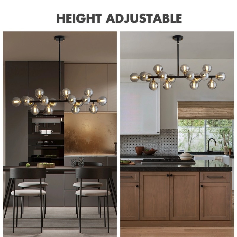 Lustre linéaire moderne du milieu du siècle de 101,6 cm (40 po), suspension Sputnik en laiton doré à 16 lumières avec globe en verre dépoli pour salle à manger