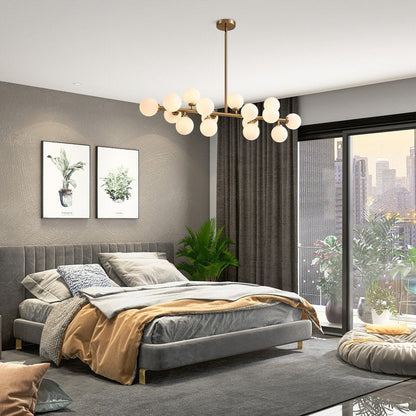 Lustre linéaire moderne du milieu du siècle de 101,6 cm (40 po), suspension Sputnik en laiton doré à 16 lumières avec globe en verre dépoli pour salle à manger