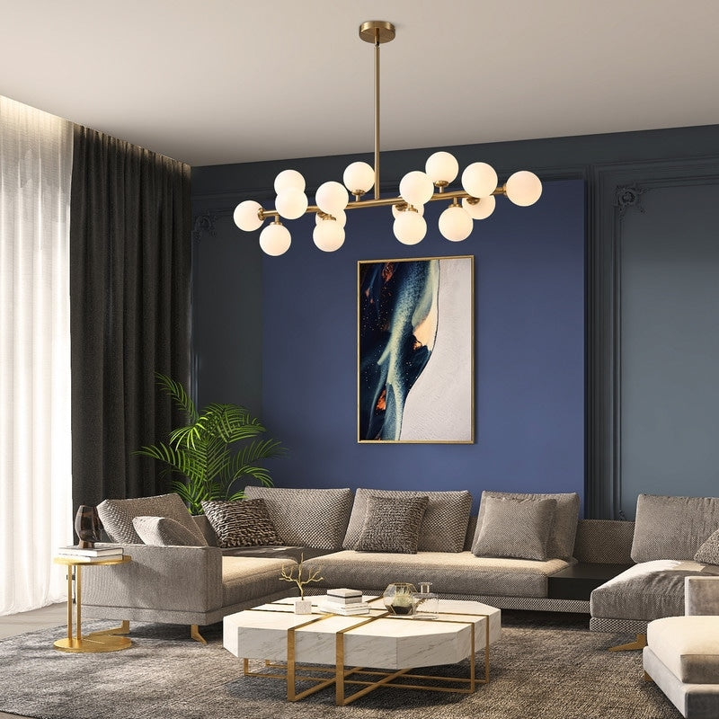 Lustre linéaire moderne du milieu du siècle de 101,6 cm (40 po), suspension Sputnik en laiton doré à 16 lumières avec globe en verre dépoli pour salle à manger