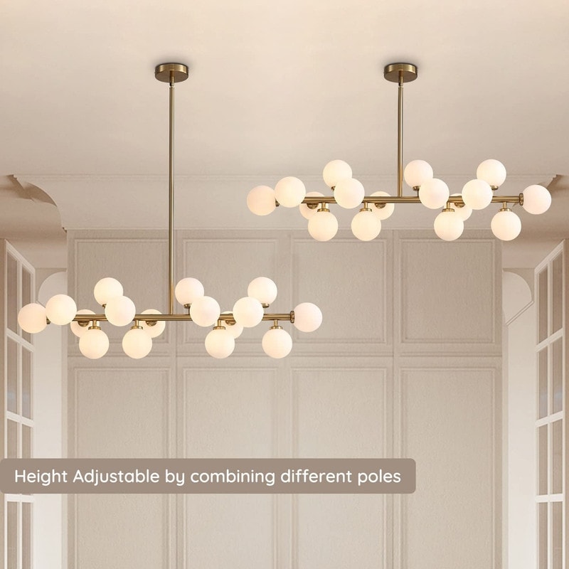 Lustre linéaire moderne du milieu du siècle de 101,6 cm (40 po), suspension Sputnik en laiton doré à 16 lumières avec globe en verre dépoli pour salle à manger