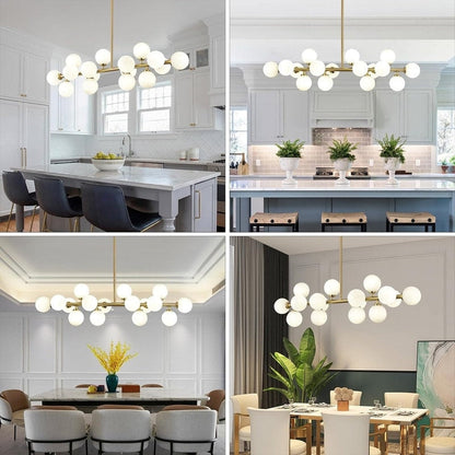 Lustre linéaire moderne du milieu du siècle de 101,6 cm (40 po), suspension Sputnik en laiton doré à 16 lumières avec globe en verre dépoli pour salle à manger