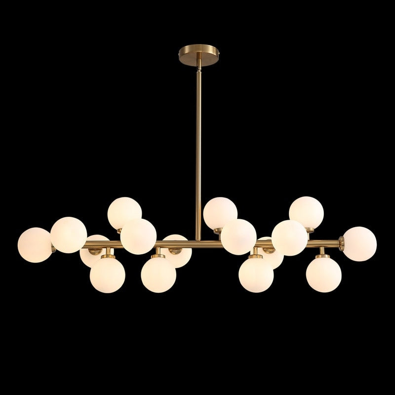 Lustre linéaire moderne du milieu du siècle de 101,6 cm (40 po), suspension Sputnik en laiton doré à 16 lumières avec globe en verre dépoli pour salle à manger