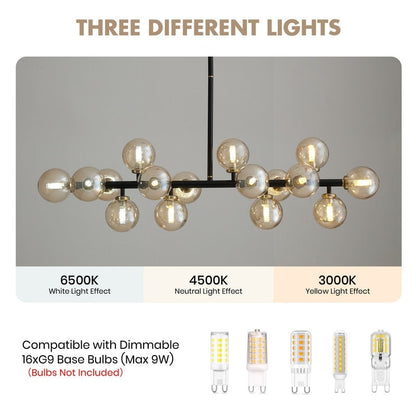 Lustre linéaire moderne du milieu du siècle de 101,6 cm (40 po), suspension Sputnik en laiton doré à 16 lumières avec globe en verre dépoli pour salle à manger