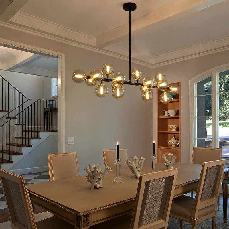 Lustre linéaire moderne du milieu du siècle de 101,6 cm (40 po), suspension Sputnik en laiton doré à 16 lumières avec globe en verre dépoli pour salle à manger