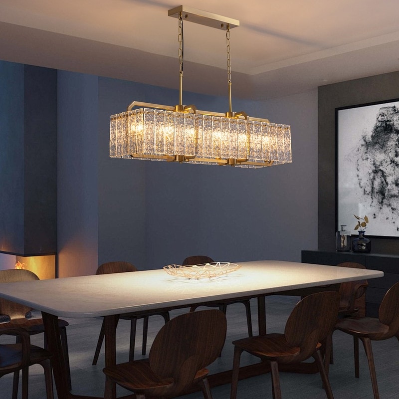 Lustre rectangulaire moderne linéaire en cristal de 101,6 cm (40 po), 16 lumières, laiton doré, idéal pour salle à manger, salon ou îlot de cuisine.