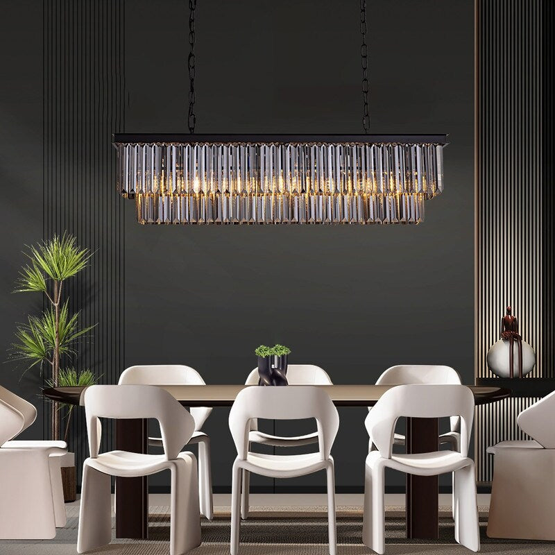 Lustre moderne contemporain en cristal gris fumé et noir à deux niveaux, suspension linéaire pour îlot de cuisine ou salle à manger, 119 cm (47 po).