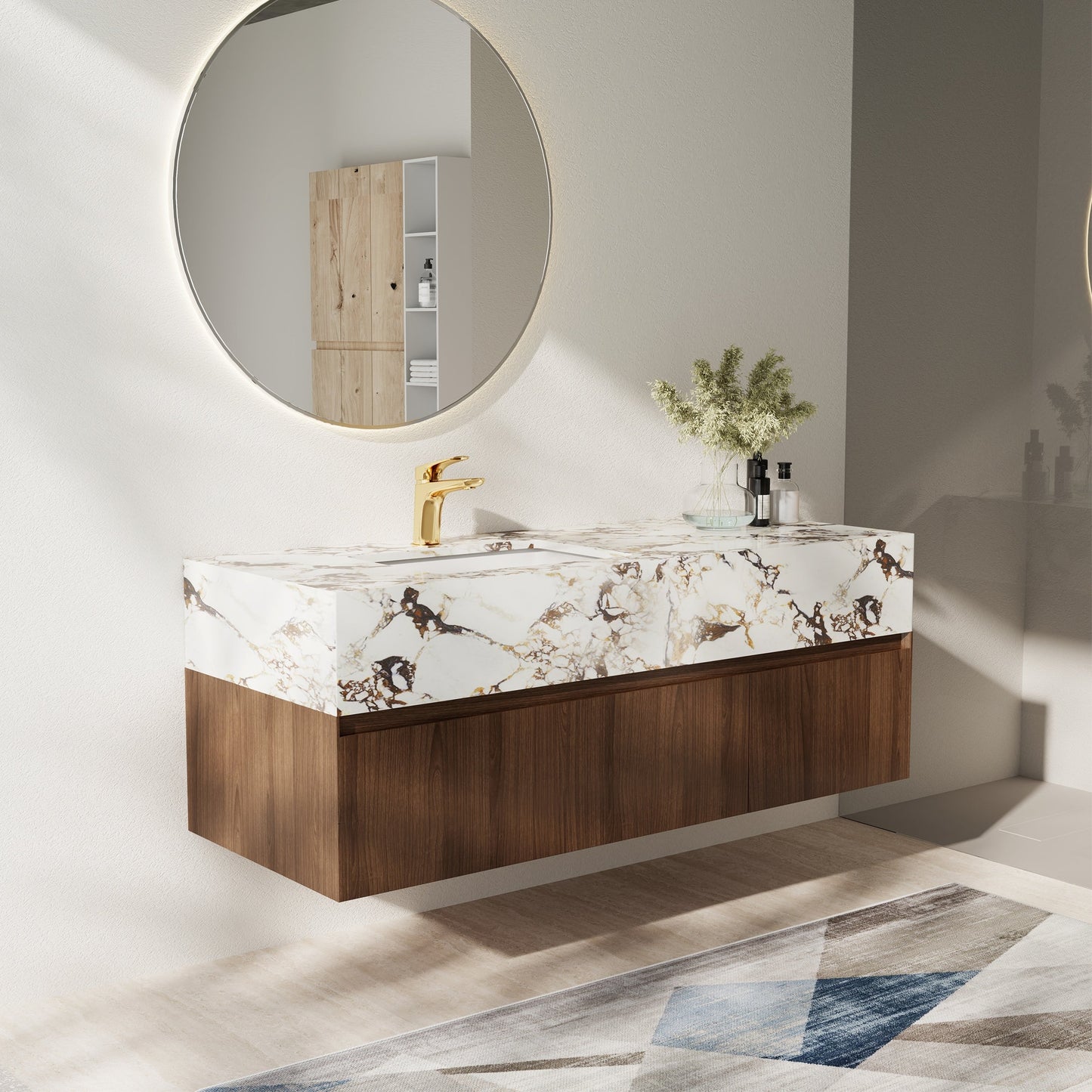 Meuble-lavabo simple moderne de 122 cm (48 po), avec comptoir en faux marbre brillant et structure en bois massif.