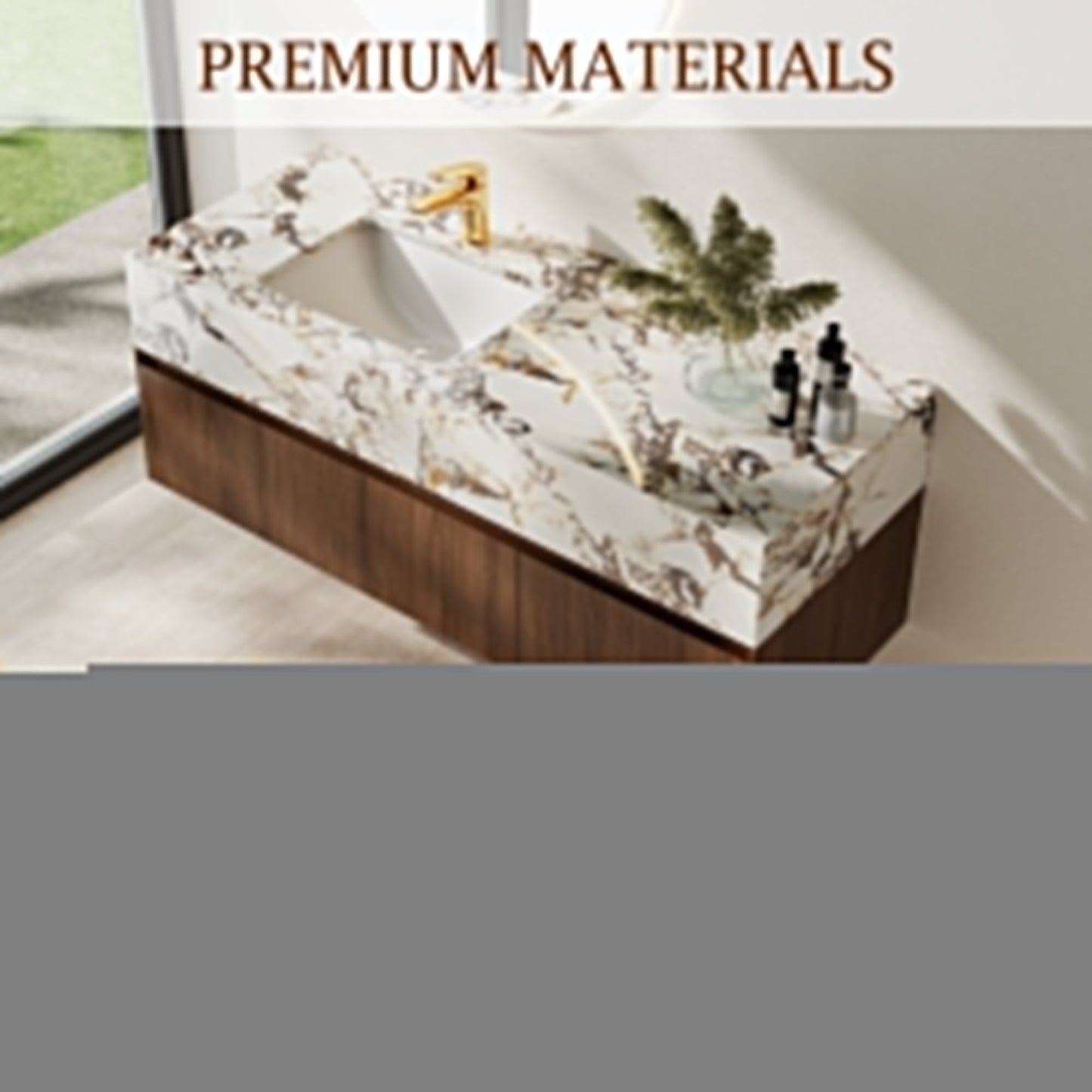 Meuble-lavabo simple moderne de 122 cm (48 po), avec comptoir en faux marbre brillant et structure en bois massif.