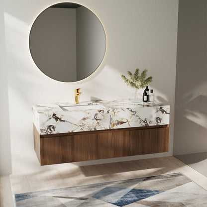 Meuble-lavabo simple moderne de 122 cm (48 po), avec comptoir en faux marbre brillant et structure en bois massif.