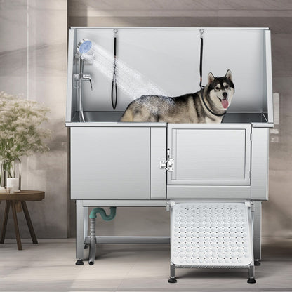 Baignoire de toilettage réglable en acier inoxydable de 127 cm (50 po) de largeur avec rampe - Argent