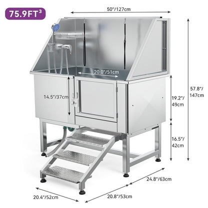 Baignoire de toilettage réglable en acier inoxydable de 127 cm (50 po) de largeur avec rampe d'accès