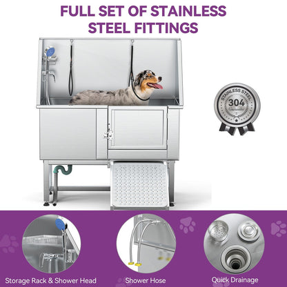 Baignoire de toilettage réglable en acier inoxydable de 127 cm (50 po) de largeur avec rampe d'accès