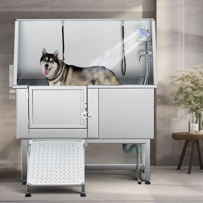 Baignoire de toilettage réglable en acier inoxydable de 127 cm (50 po) de largeur avec rampe d'accès