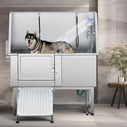 Baignoire de toilettage réglable en acier inoxydable de 127 cm (50 po) de largeur avec rampe d'accès