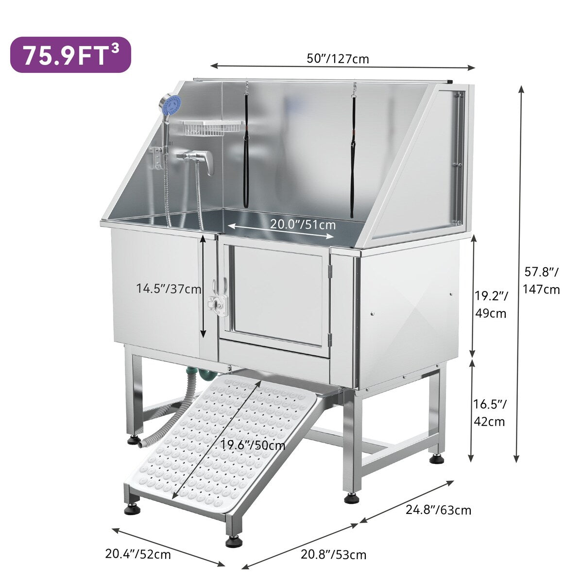 Baignoire de toilettage réglable en acier inoxydable de 127 cm (50 po) de largeur avec rampe d'accès