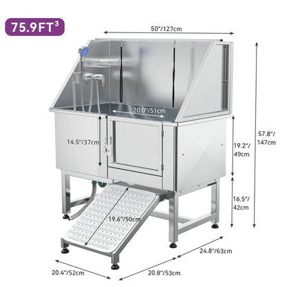 Baignoire de toilettage réglable en acier inoxydable de 127 cm (50 po) de largeur avec rampe d'accès