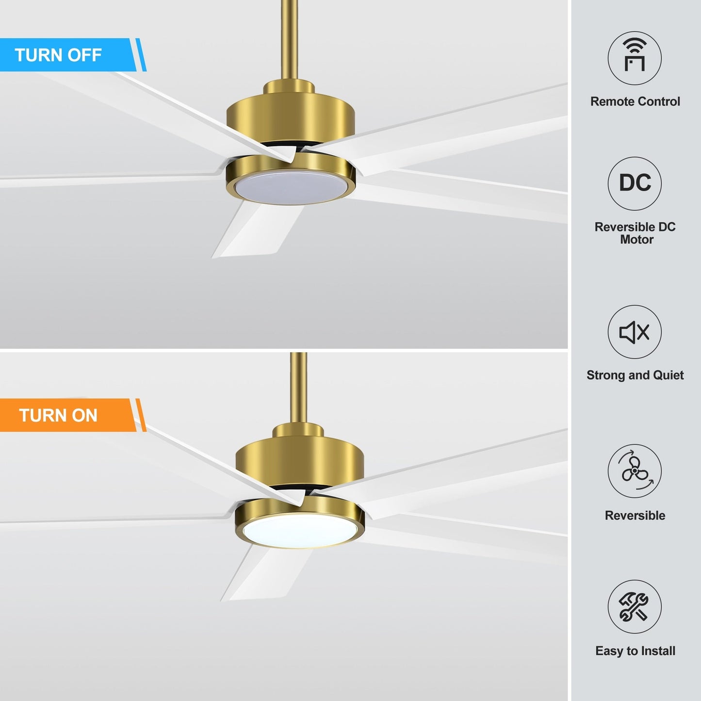 Ventilateur de plafond Breezary 65/52/42 à 5 pales avec éclairage LED, télécommande incluse.
