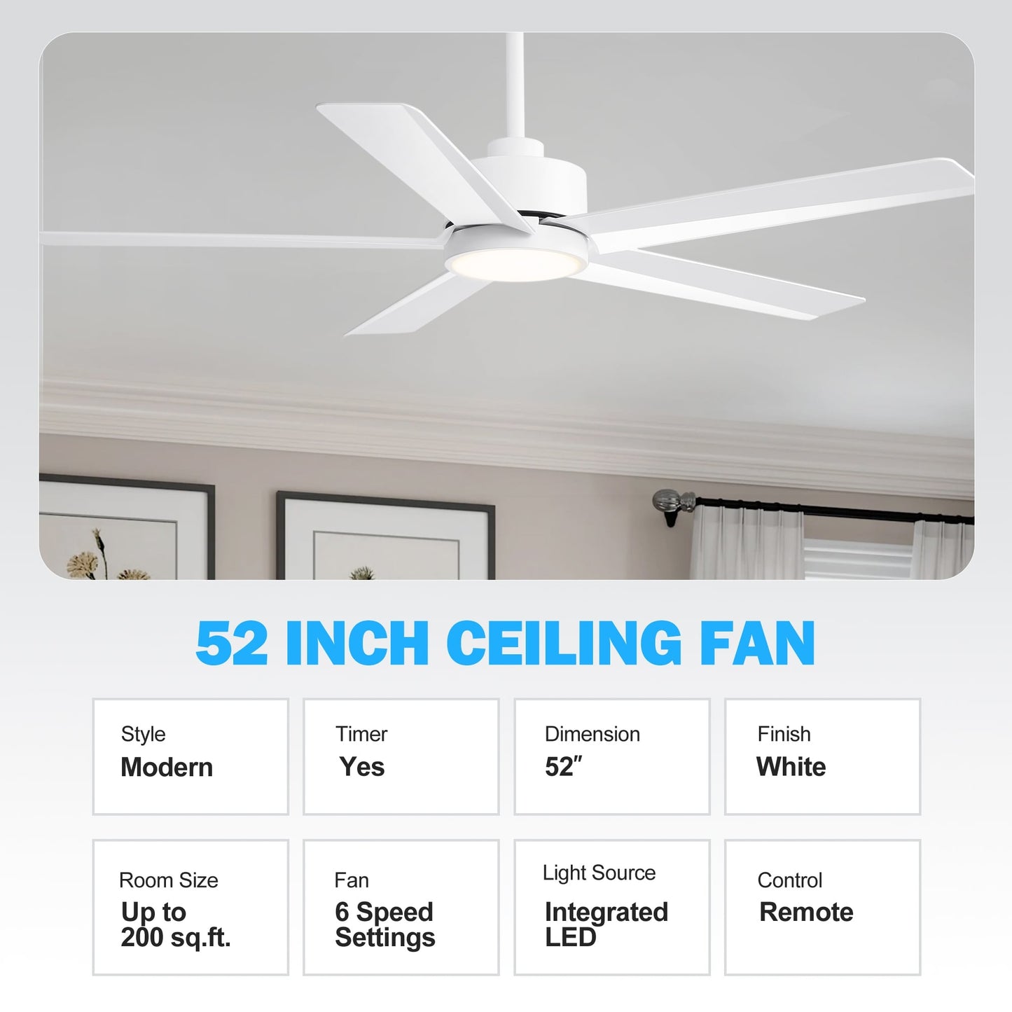 Ventilateur de plafond Breezary 65/52/42 à 5 pales avec éclairage LED, télécommande incluse.