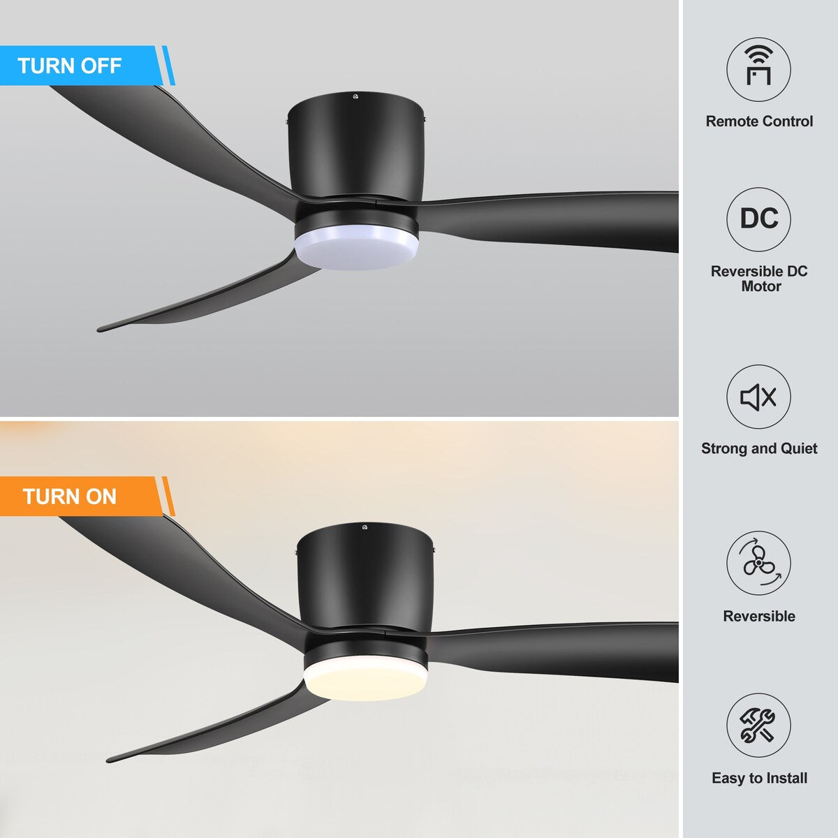 Ventilateur de plafond encastré noir/blanc de 52 pouces avec télécommande et éclairage LED (3 pales)