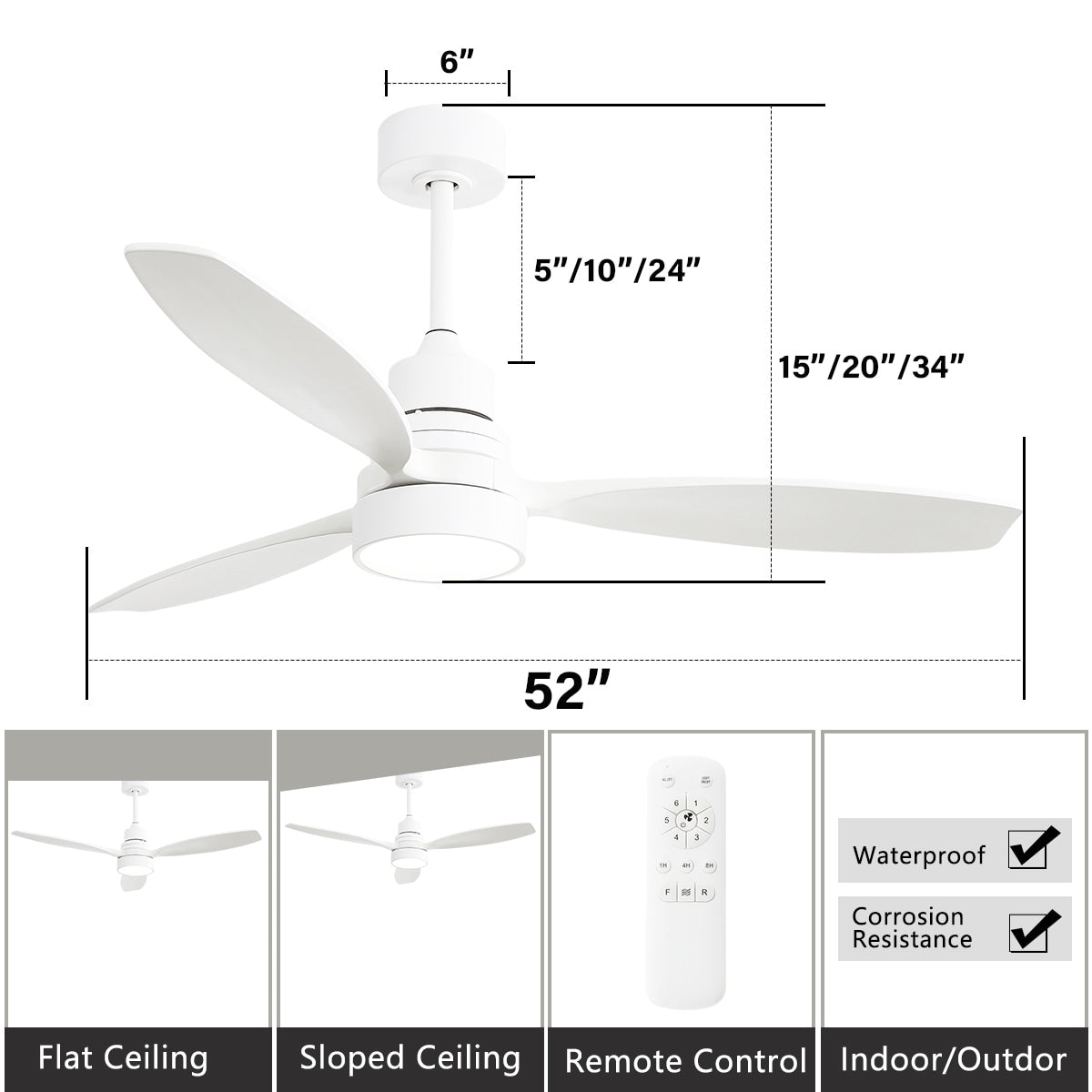 Ventilateur de plafond LED intégré 48 et 52 pouces avec éclairage et télécommande, moteur CC réversible