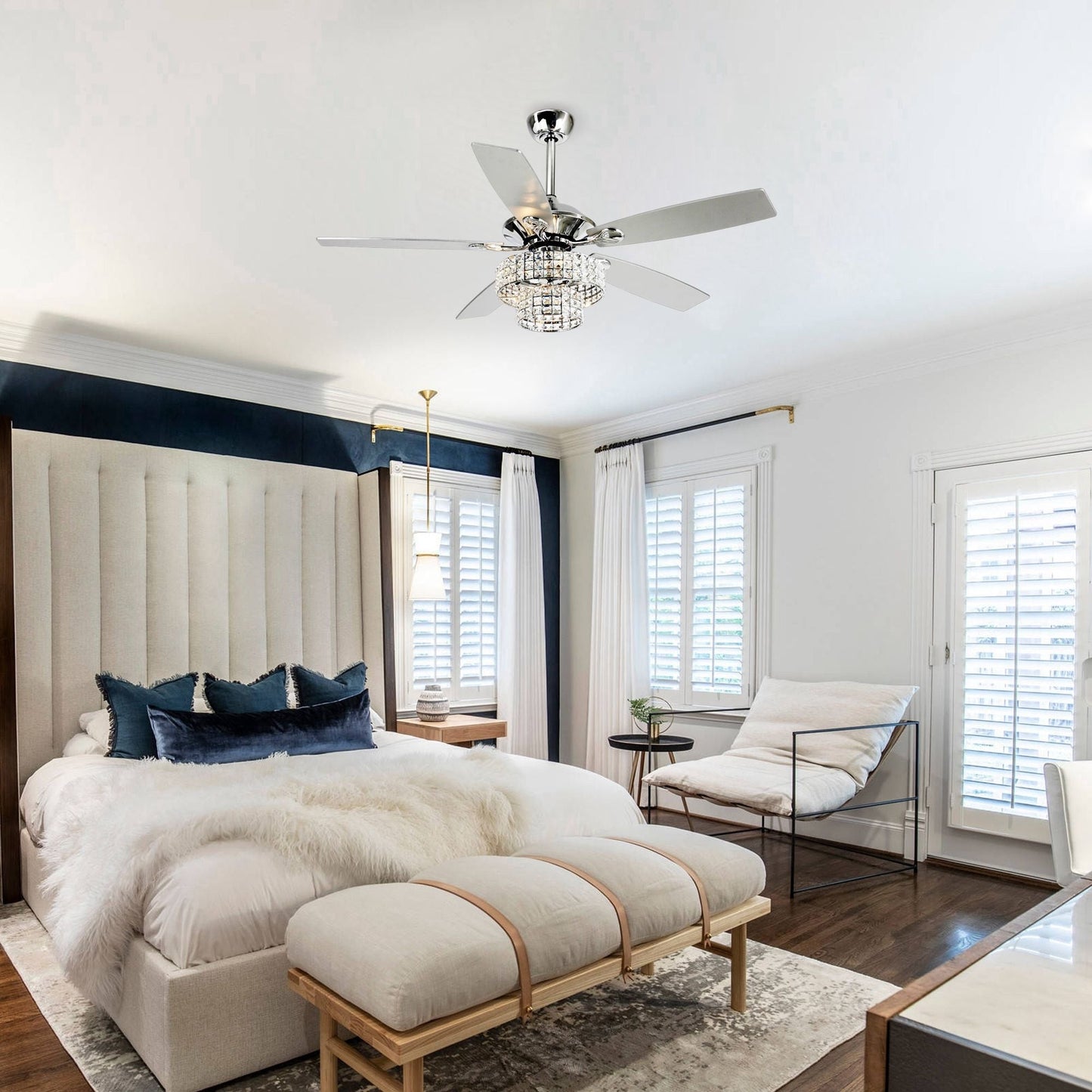 Ventilateur de plafond moderne en cristal à 5 ​​pales, 52 pouces, en bois chromé, avec télécommande