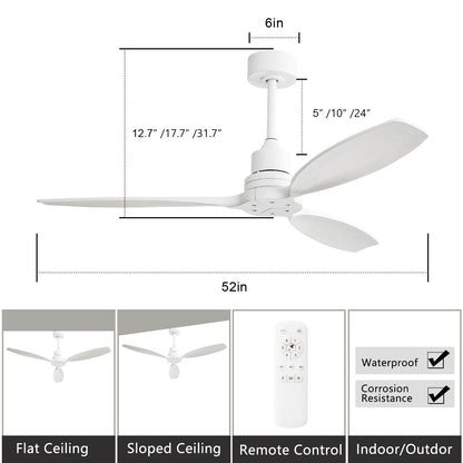 Ventilateur de plafond moderne de 132 cm (52 ​​pouces) en bois massif et ABS avec télécommande (sans éclairage), 6 vitesses de ventilation et flux d'air réversible.