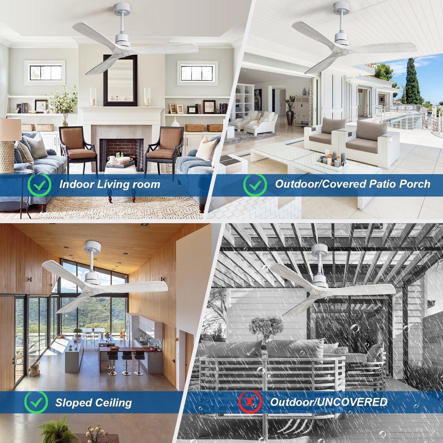 Ventilateur de plafond moderne de 132 cm (52 ​​pouces) en bois massif et ABS avec télécommande (sans éclairage), 6 vitesses de ventilation et flux d'air réversible.