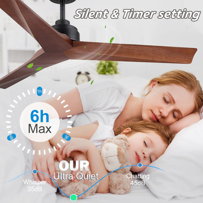 Ventilateur de plafond moderne de 132 cm (52 ​​pouces) en bois massif et ABS avec télécommande (sans éclairage), 6 vitesses de ventilation et flux d'air réversible.