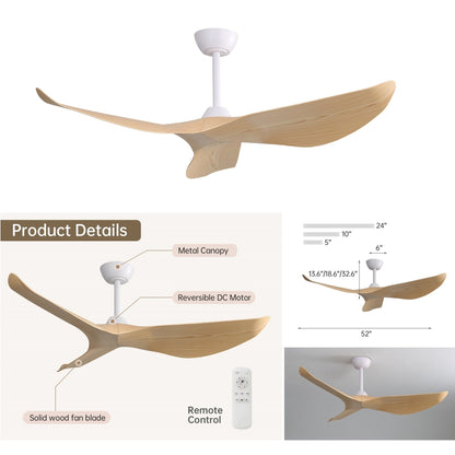 Ventilateur de plafond moderne de 132 cm (52 ​​pouces) en bois massif et ABS avec télécommande (sans éclairage), 6 vitesses de ventilation et flux d'air réversible.
