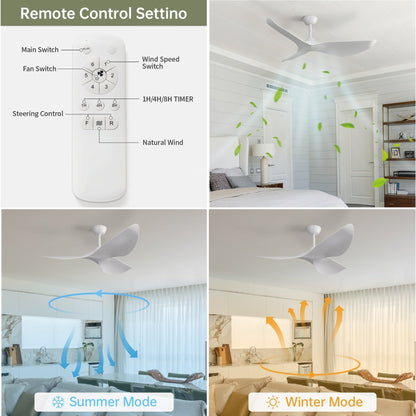 Ventilateur de plafond moderne de 132 cm (52 ​​pouces) en bois massif et ABS avec télécommande (sans éclairage), 6 vitesses de ventilation et flux d'air réversible.