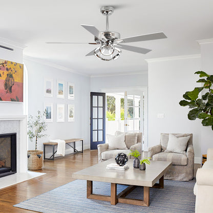 Ventilateur de plafond intérieur moderne chromé/noir de 52 pouces avec éclairage LED à intensité variable et télécommande