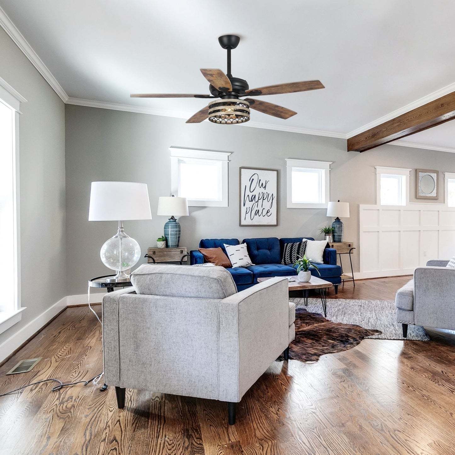 Ventilateur de plafond 5 pales noir à cage, style ferme, avec télécommande