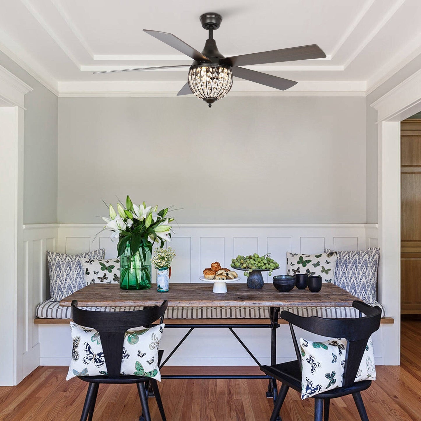 Ventilateur de plafond industriel en bois noir 52 pouces à 5 pales et cristaux avec télécommande