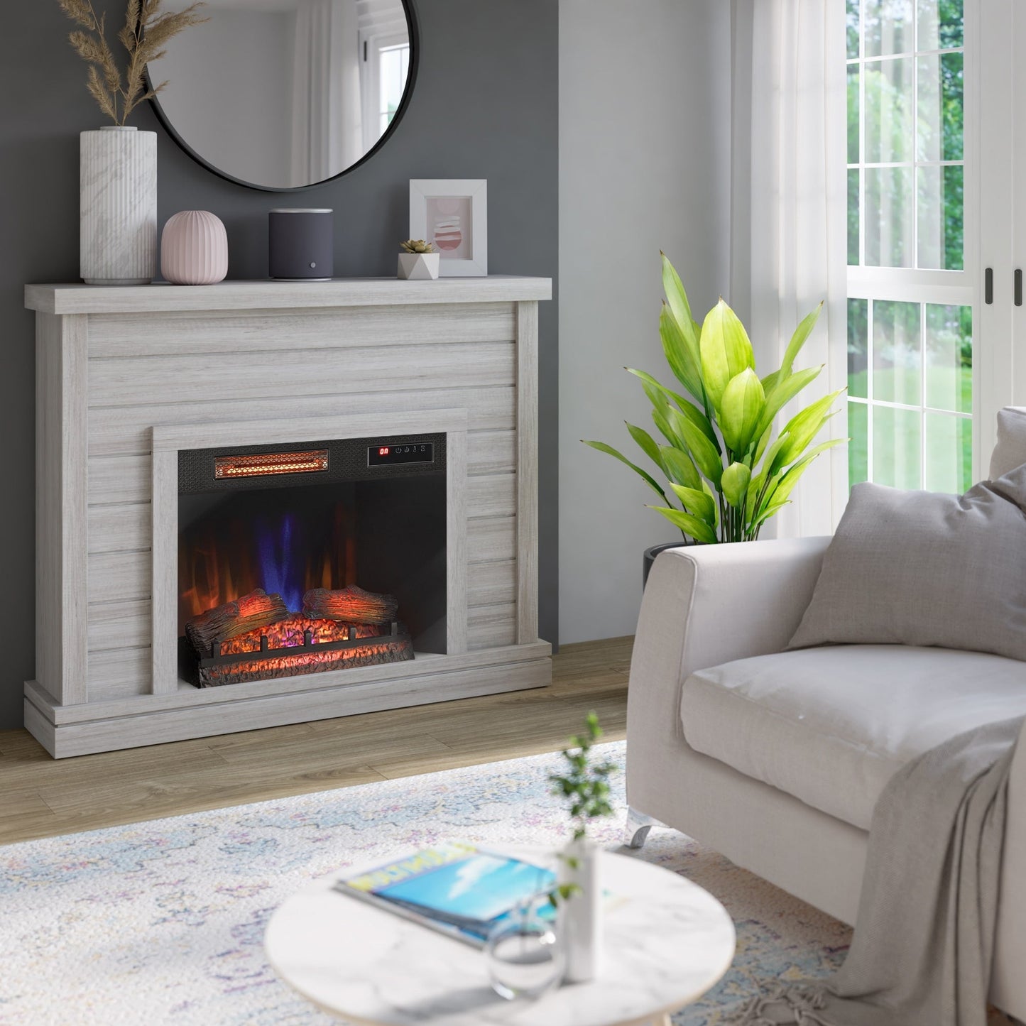 Manteau de cheminée mural en lambris de 52 pouces avec insert de cheminée 3D