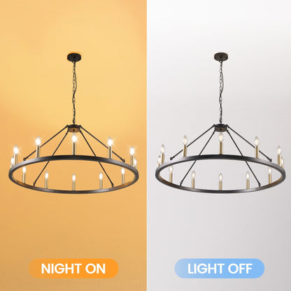 Lustre rond de 54 pouces en forme de roue de chariot avec 24 lumières