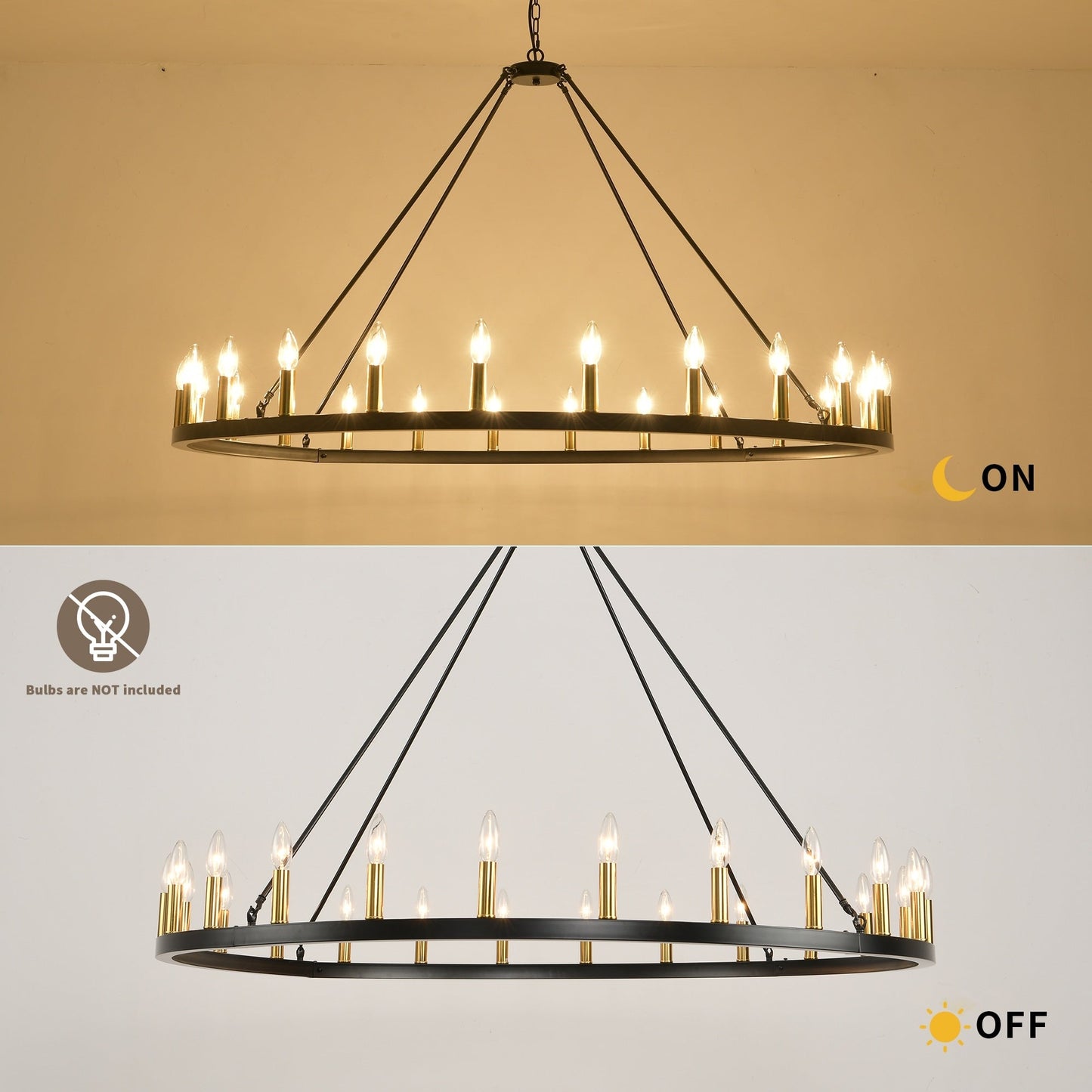 Lustre rond de 54 pouces en forme de roue de chariot avec 24 lumières