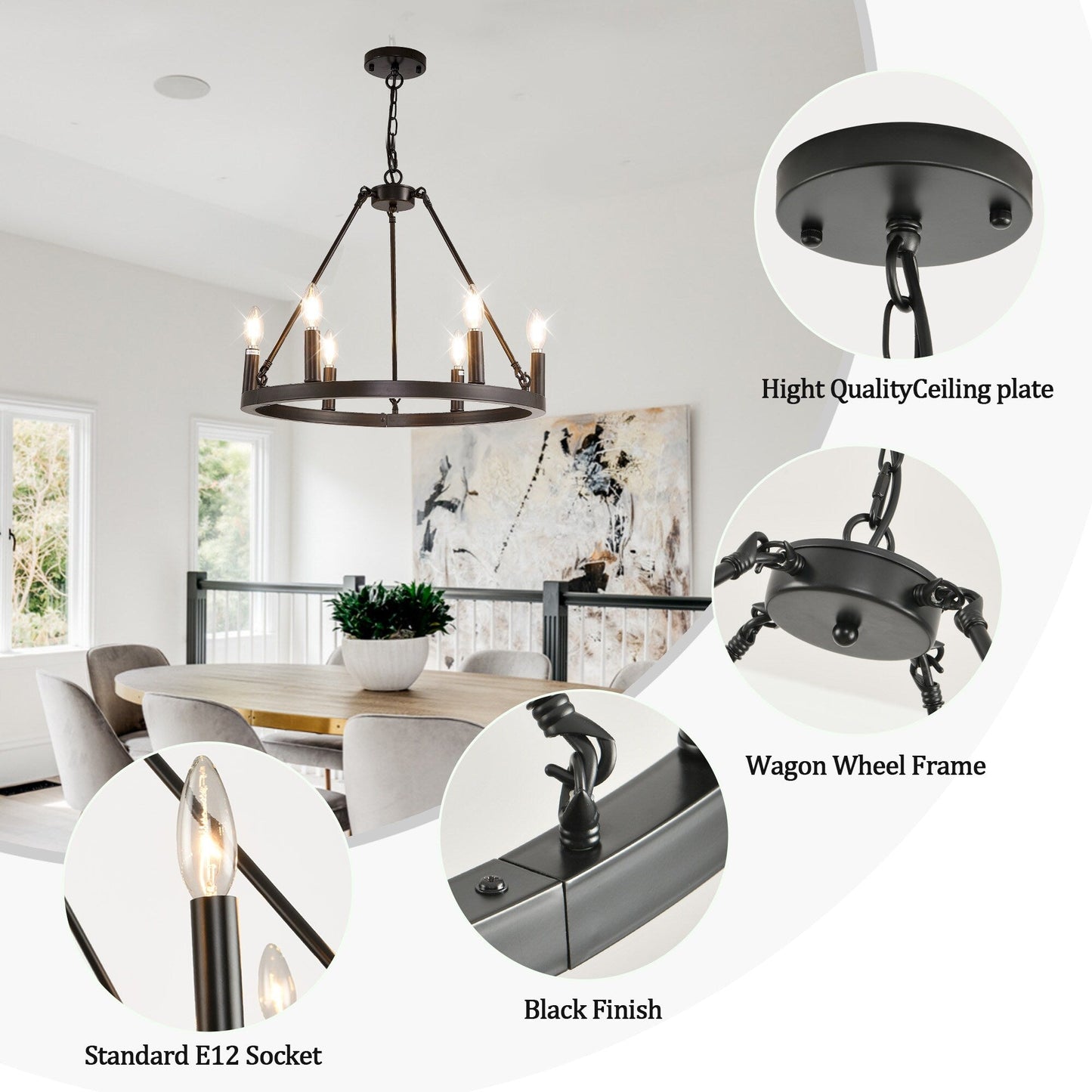 Lustre rond de 54 pouces en forme de roue de chariot avec 24 lumières