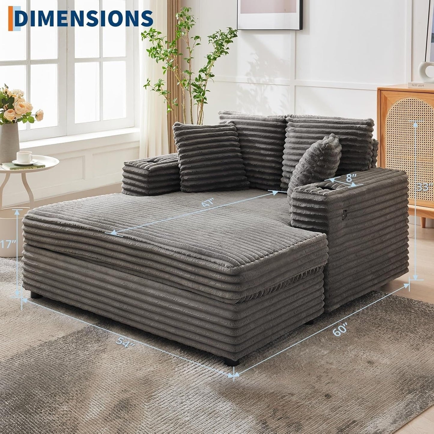 Canapé-lit rembourré de 137 cm avec coussins et accoudoirs, fauteuil de bar surdimensionné d'intérieur, canapé-lit confortable en velours côtelé