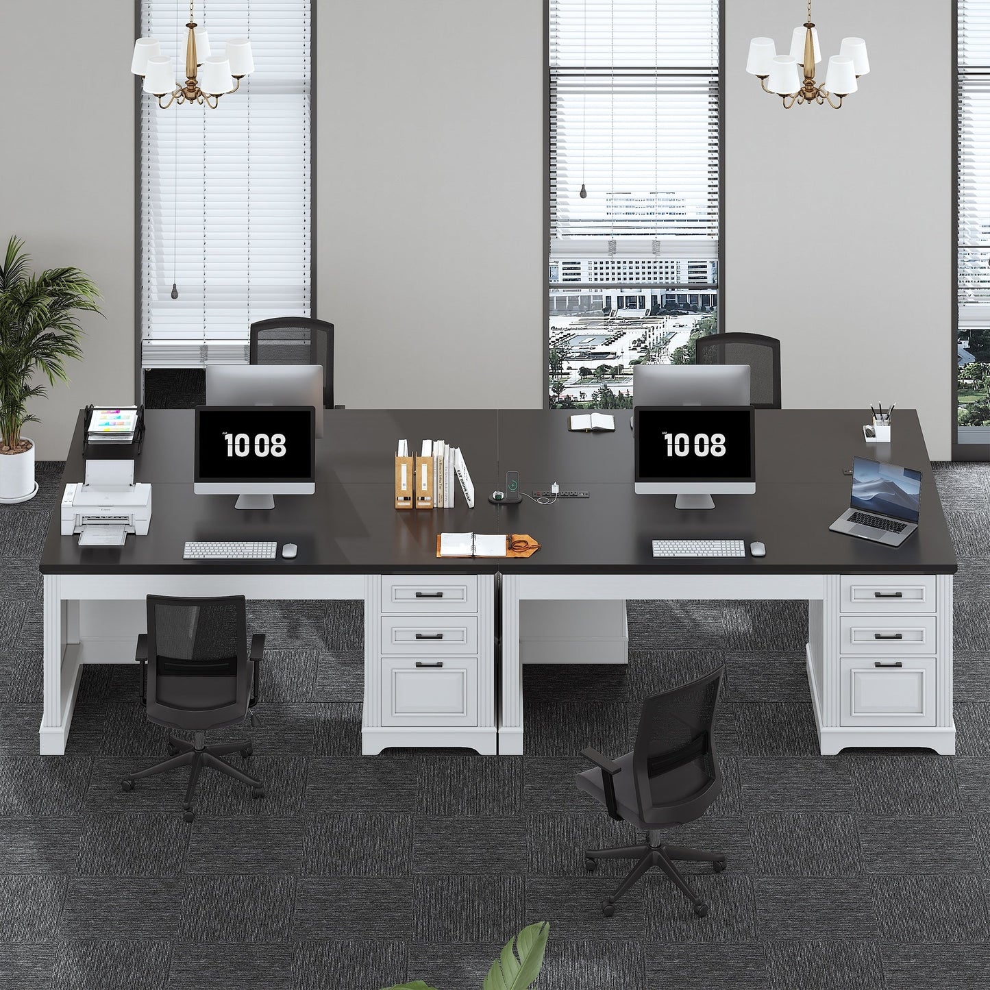 Bureau de direction de style campagnard, bureau à domicile avec tiroir pour dossiers suspendus, support pour écran, prise électrique