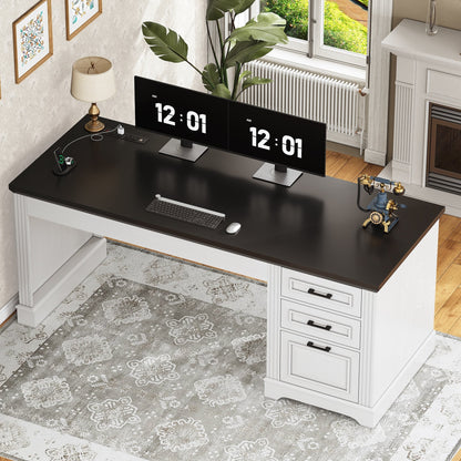 Bureau de direction de style campagnard, bureau à domicile avec tiroir pour dossiers suspendus, support pour écran, prise électrique