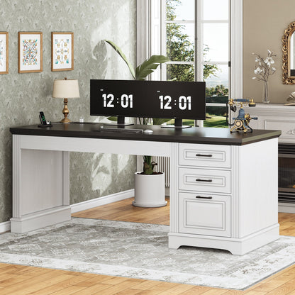 Bureau de direction de style campagnard, bureau à domicile avec tiroir pour dossiers suspendus, support pour écran, prise électrique