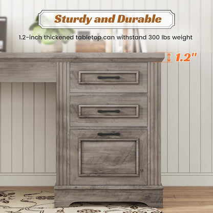 Bureau de direction de style campagnard, bureau à domicile avec tiroir pour dossiers suspendus, support pour écran, prise électrique