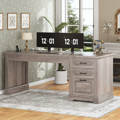 Bureau de direction de style campagnard, bureau à domicile avec tiroir pour dossiers suspendus, support pour écran, prise électrique