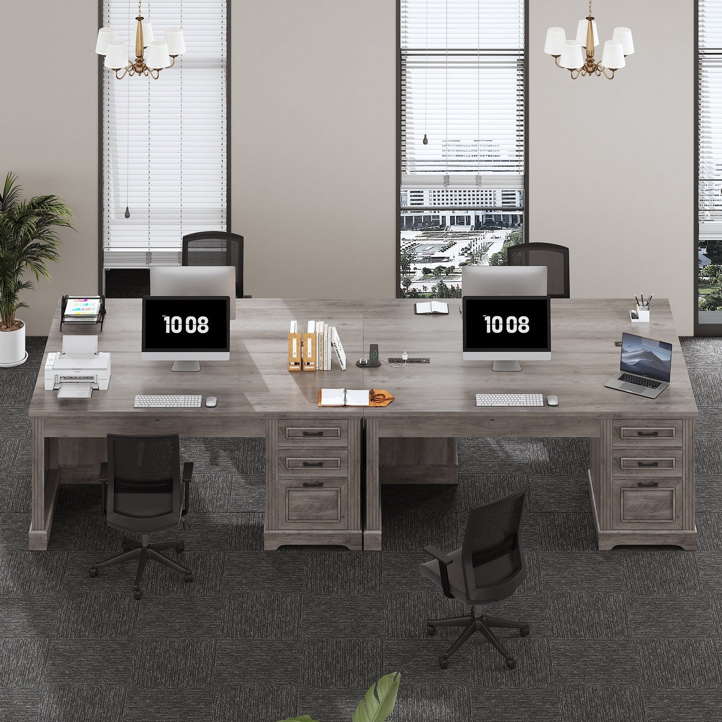 Bureau de direction de style campagnard, bureau à domicile avec tiroir pour dossiers suspendus, support pour écran, prise électrique